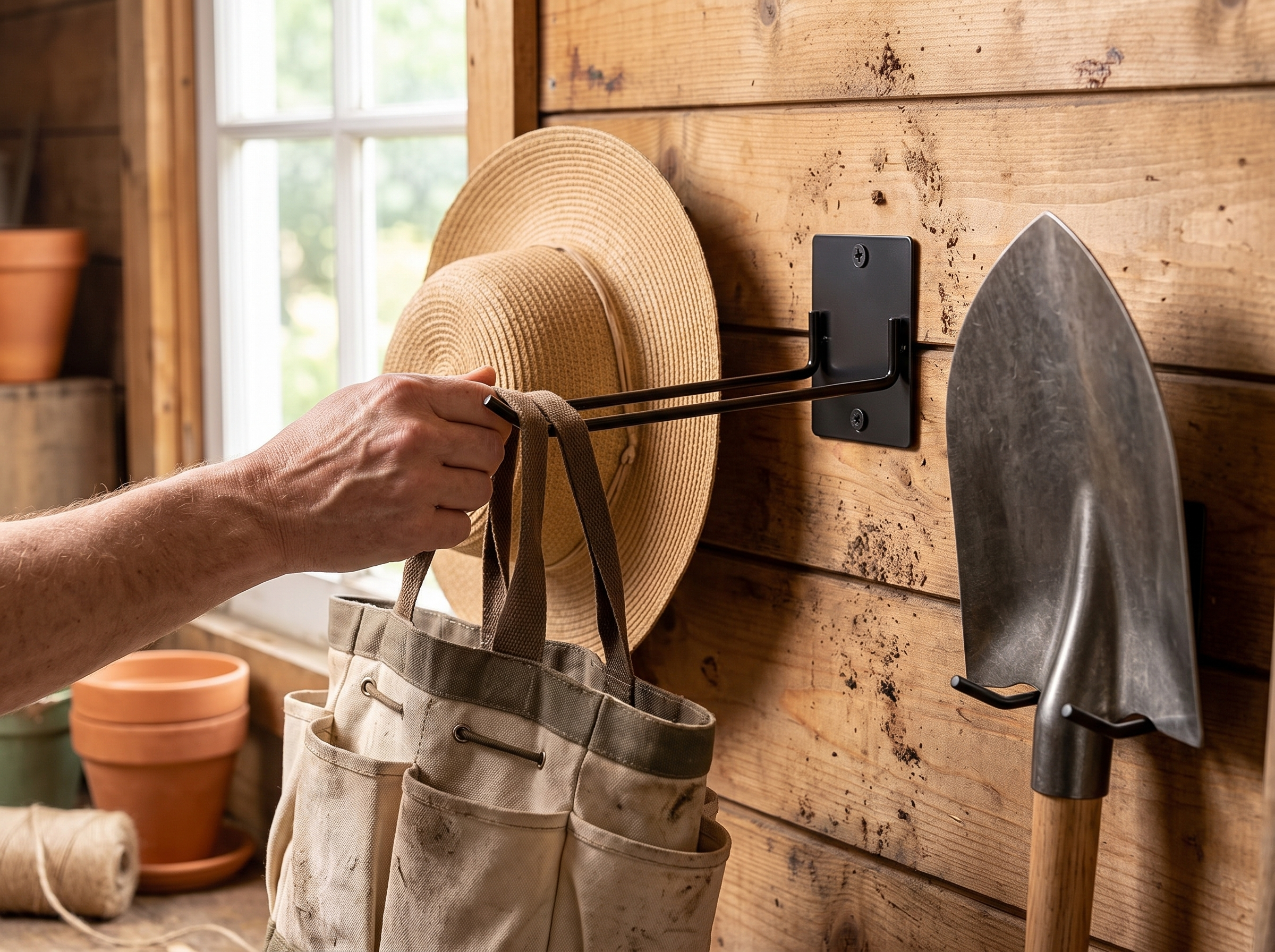 Wall-Mounted Iron Garden Tool Holder for Garage or Shed Organization shown in natural everyday use at home