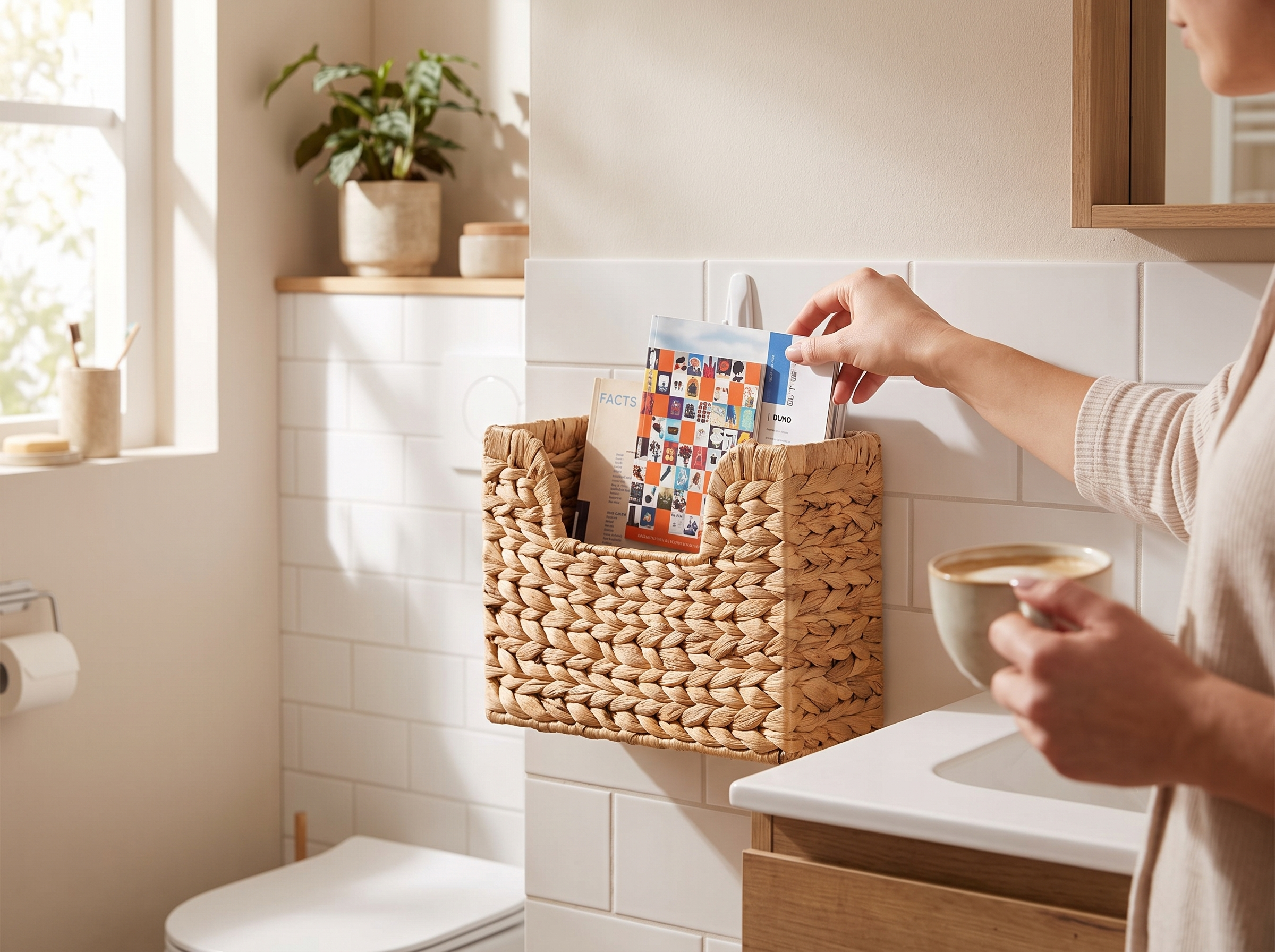 Woven Wall Magazine Holder Basket – Straw Hanging Organizer shown in natural everyday use at home