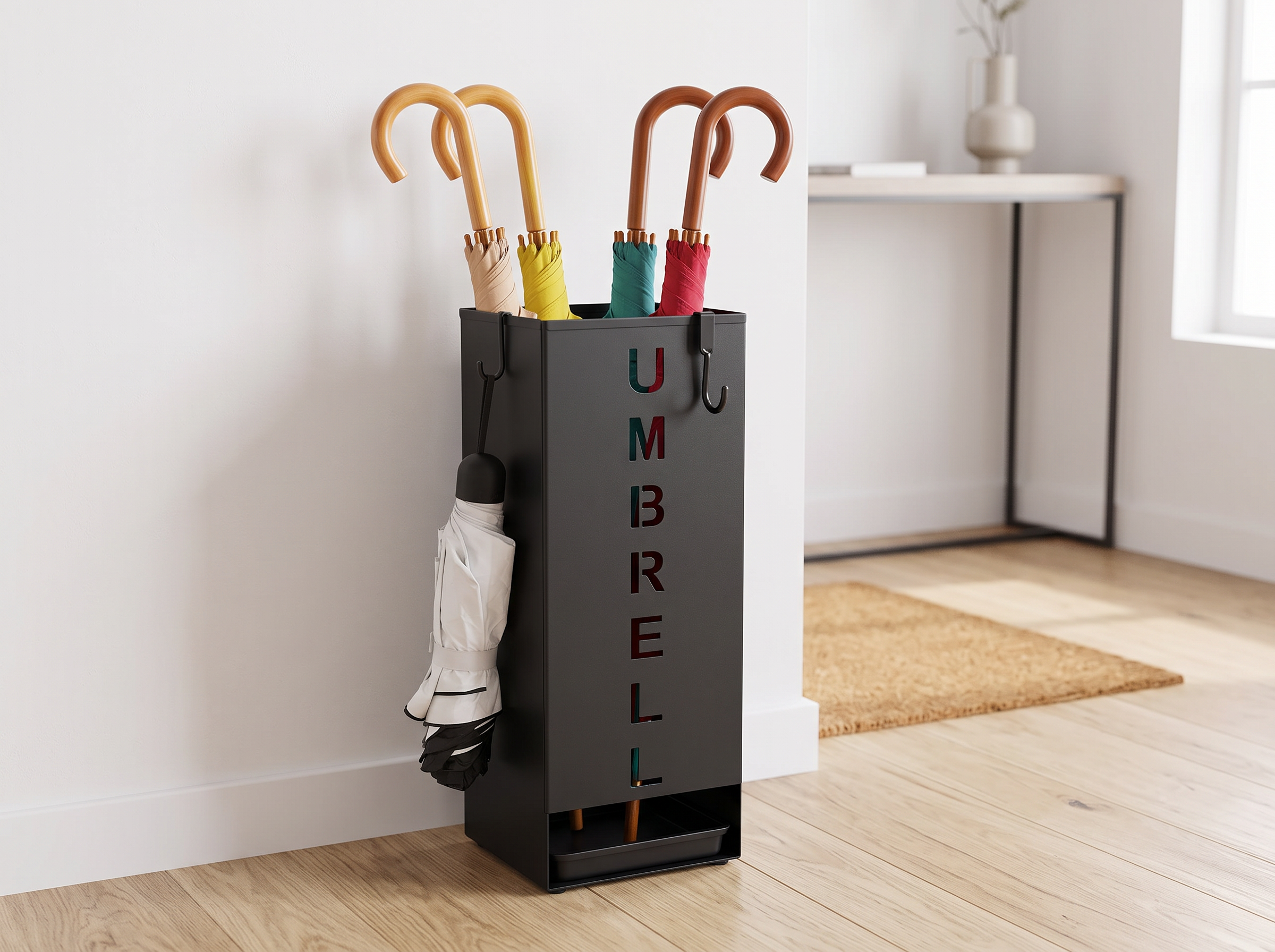 Metal Umbrella Stand with Hooks for Entryway or Office in a realistic home setting