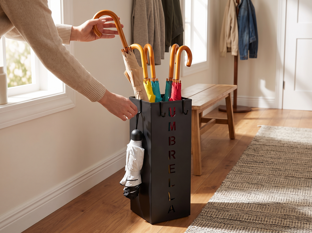 Metal Umbrella Stand with Hooks for Entryway or Office shown in natural everyday use at home