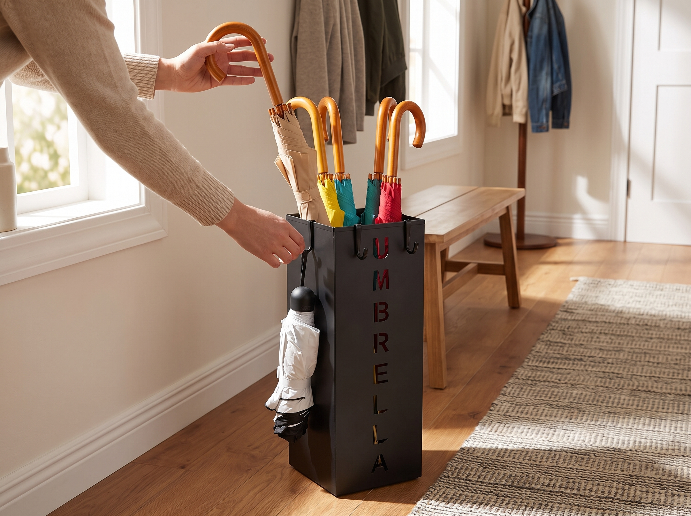 Metal Umbrella Stand with Hooks for Entryway or Office shown in natural everyday use at home