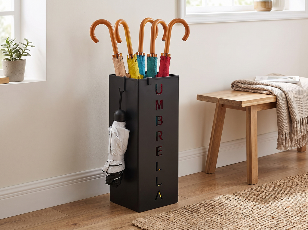 Metal Umbrella Stand with Hooks for Entryway Organization in a realistic home setting