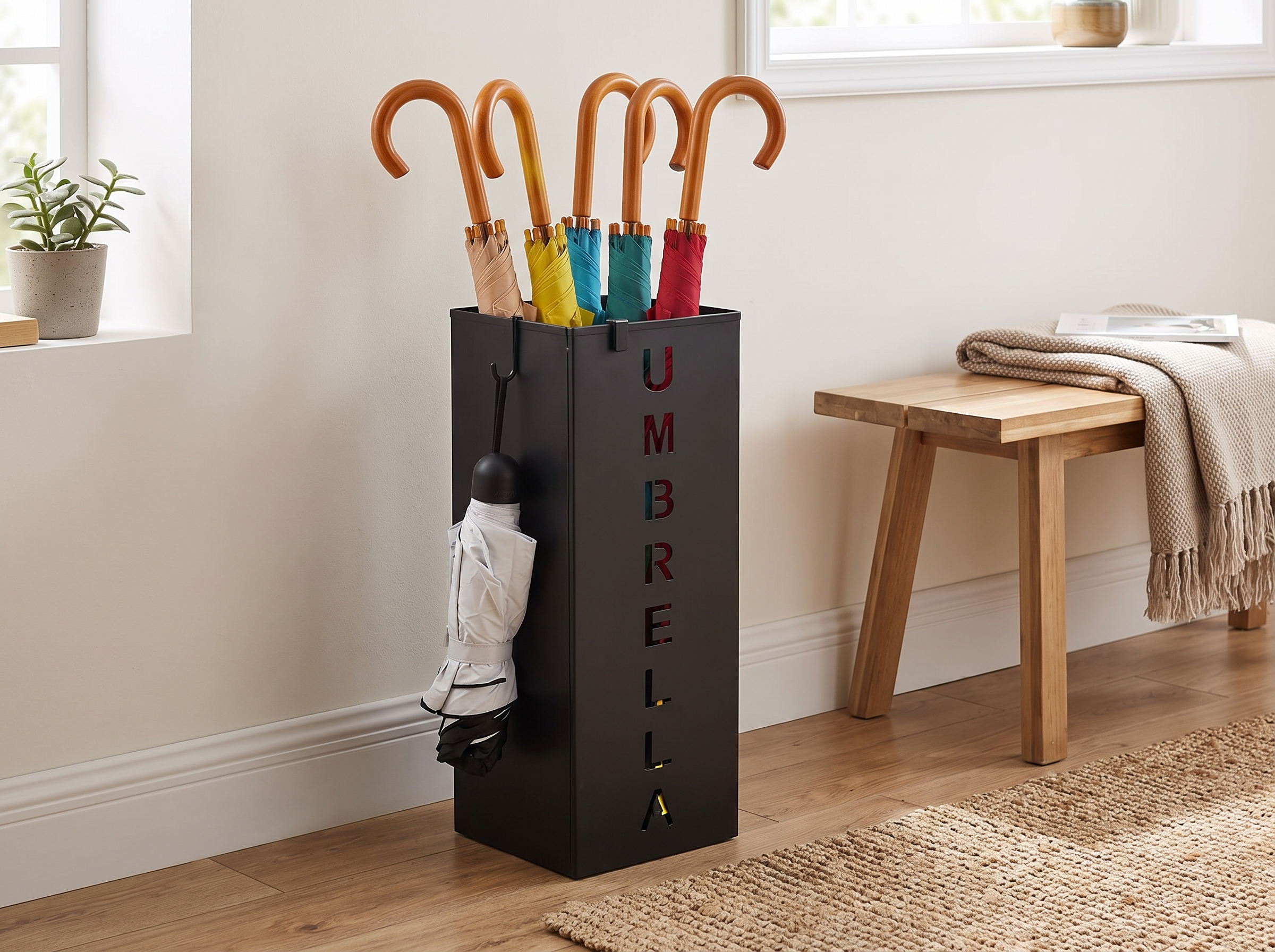 Metal Umbrella Stand with Hooks for Entryway Organization in a realistic home setting