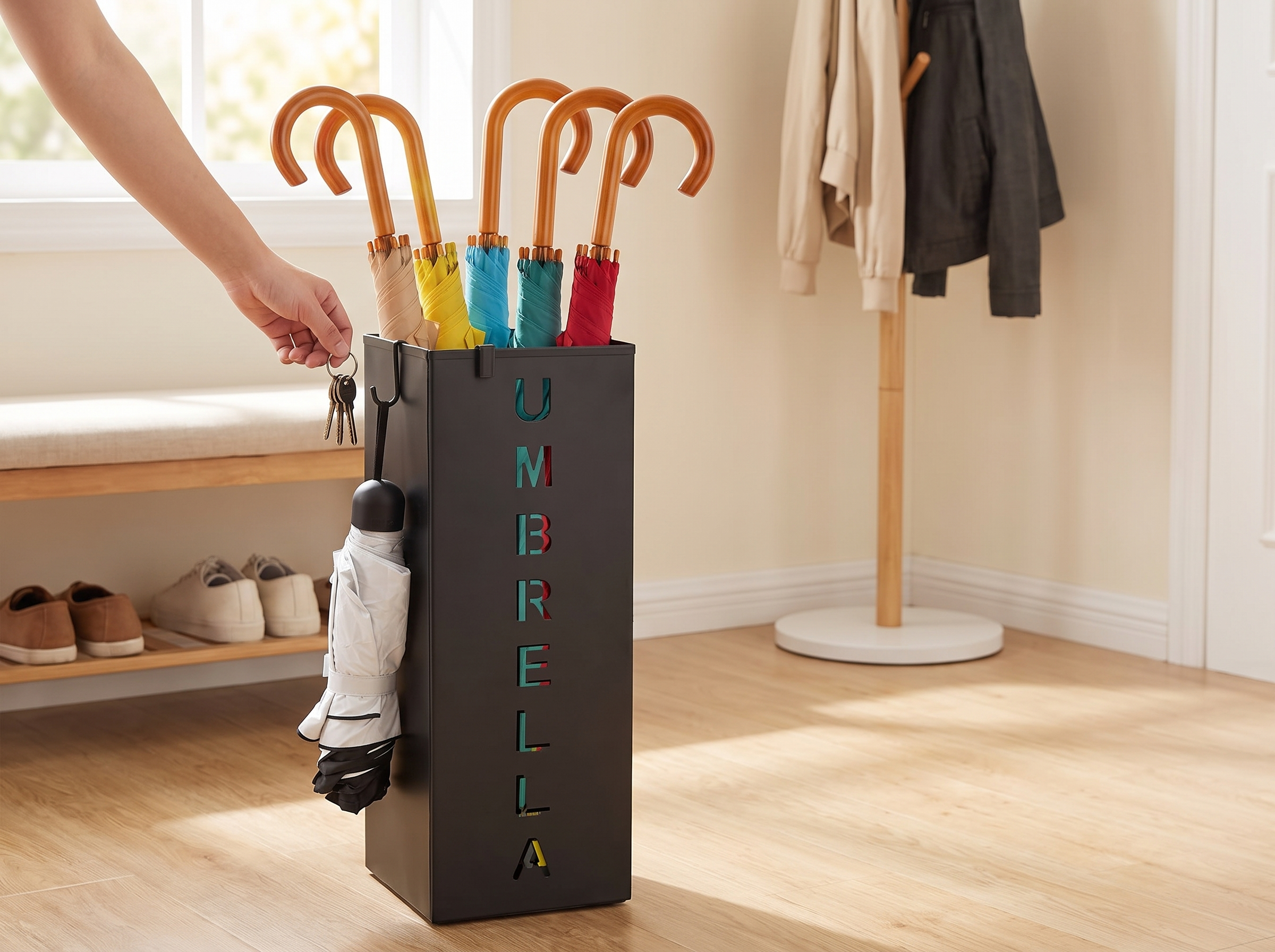 Metal Umbrella Stand with Hooks for Entryway Organization shown in natural everyday use at home