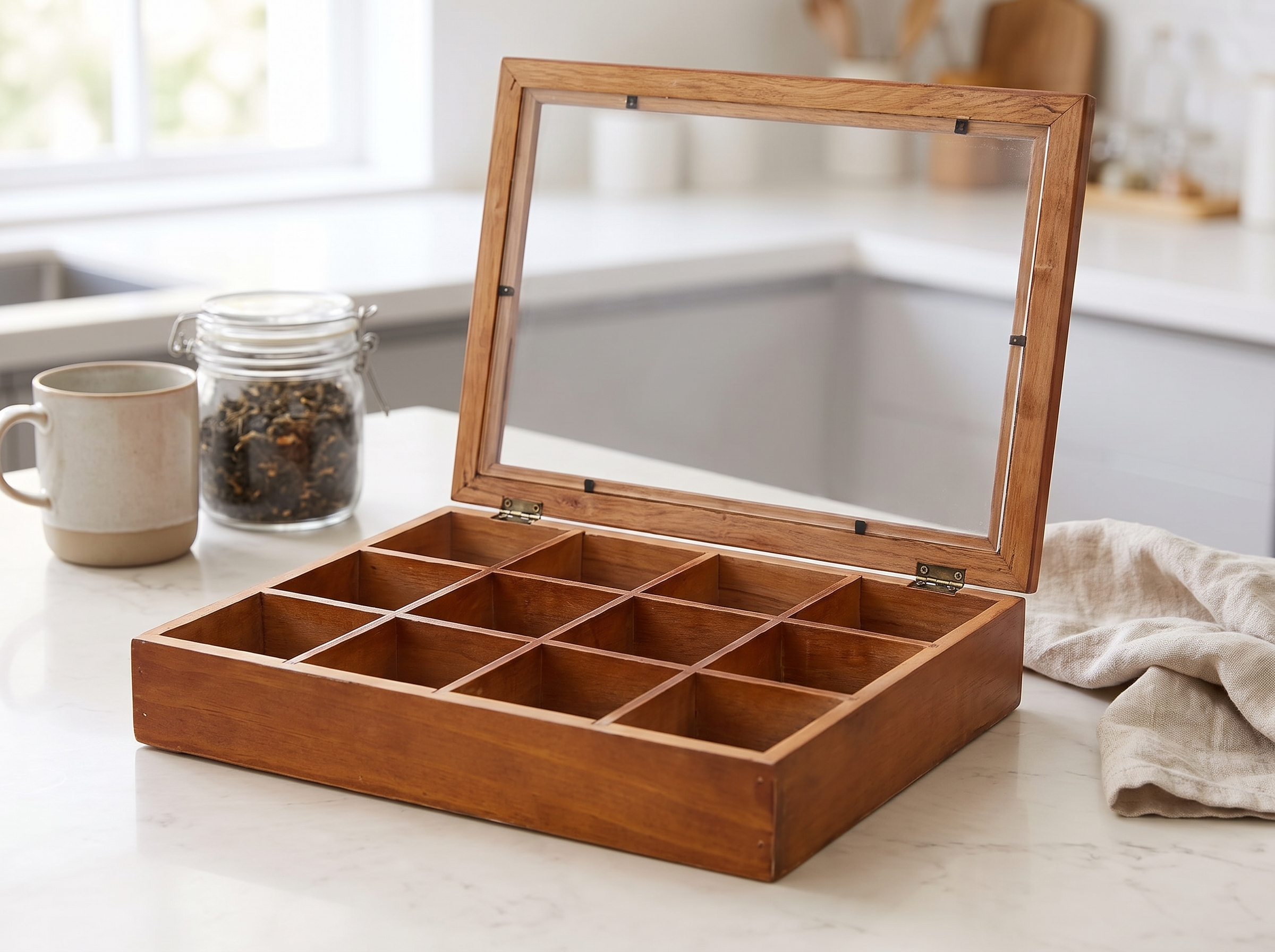 12-Compartment Wooden Tea Bag Organizer with Clear Lid in a realistic home setting