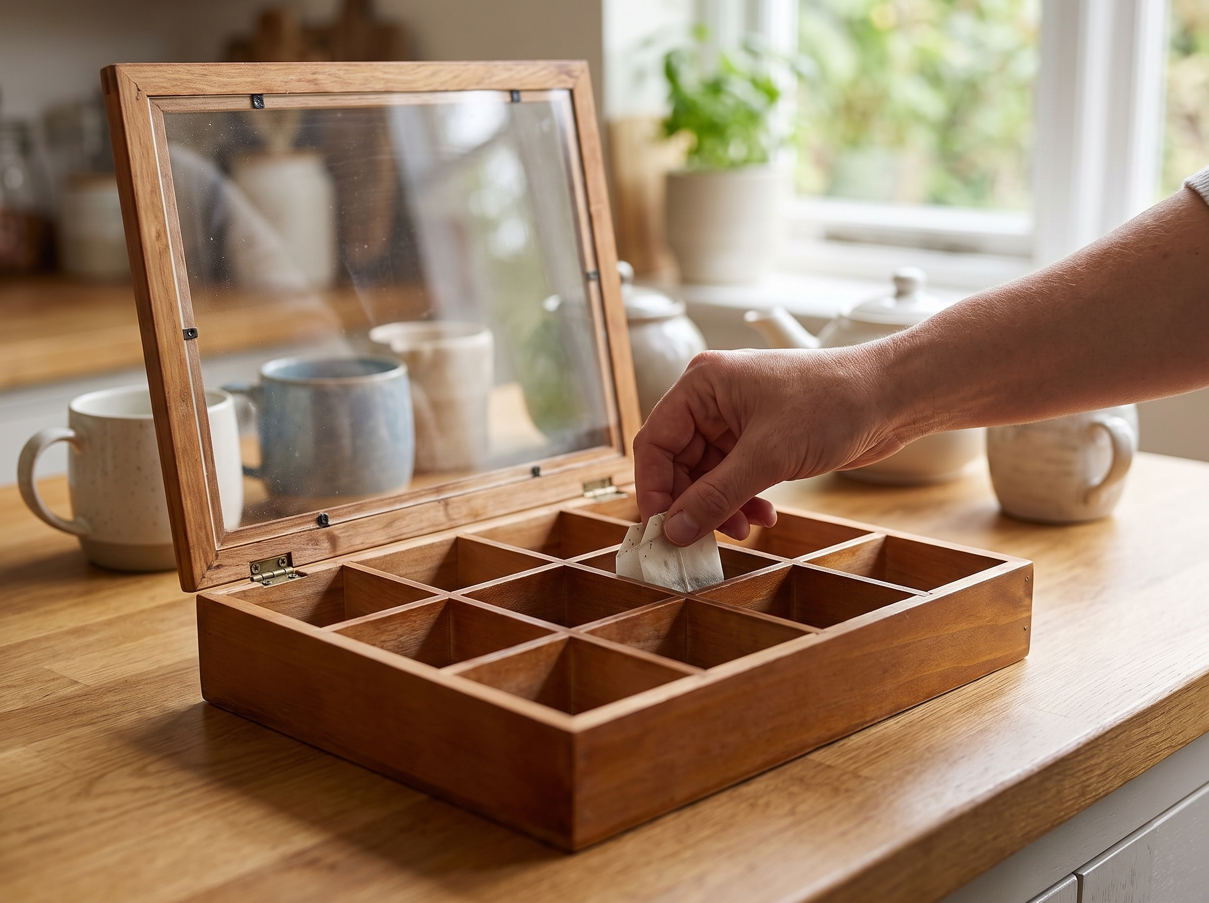 12-Compartment Wooden Tea Bag Organizer with Clear Lid shown in natural everyday use at home