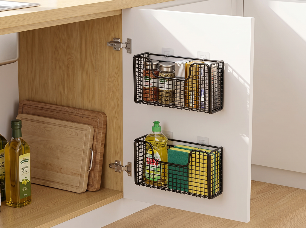 Iron Cabinet Door Storage Basket – Kitchen & Bathroom Organizer in a realistic home setting