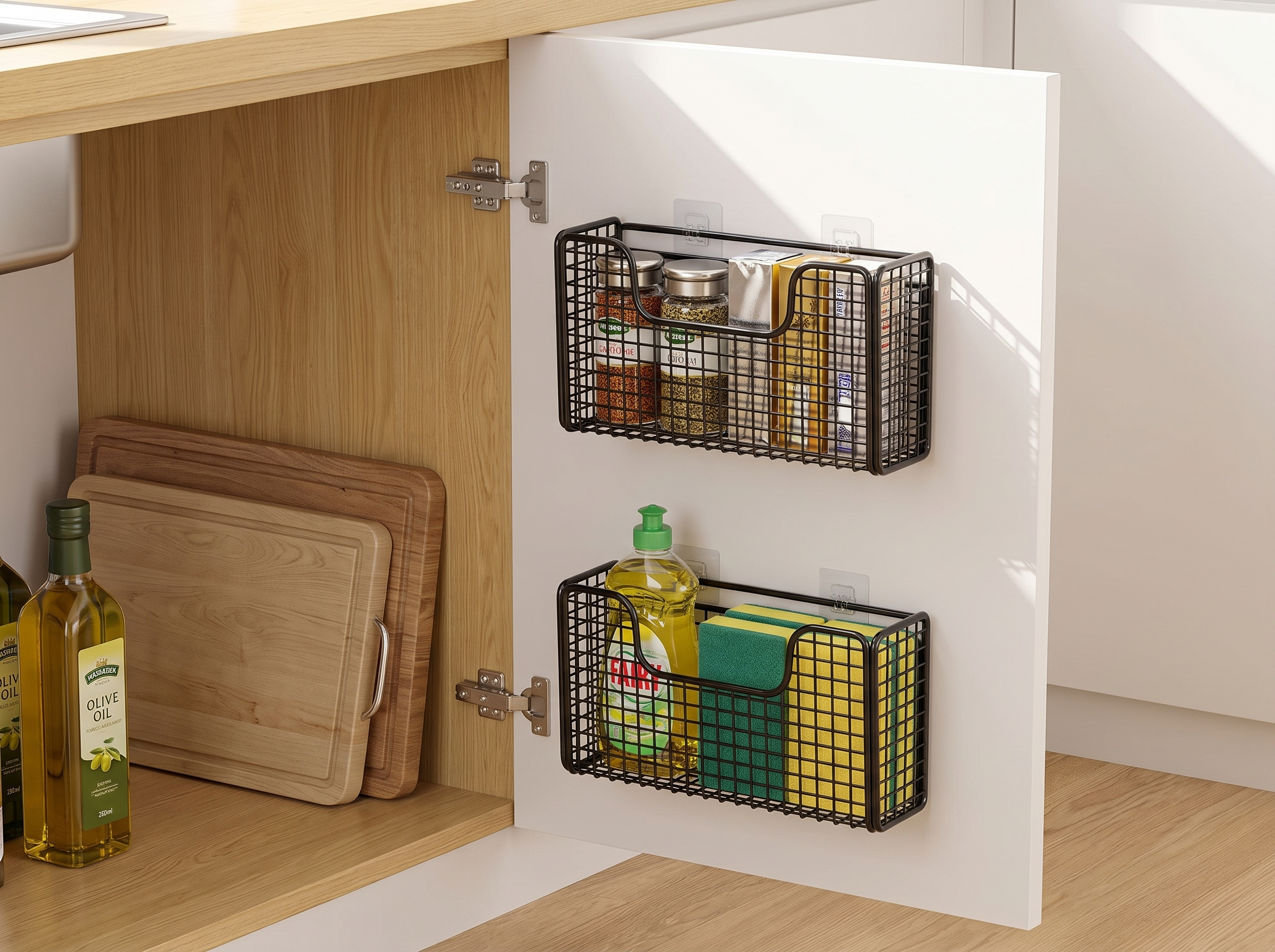 Iron Cabinet Door Storage Basket – Kitchen & Bathroom Organizer in a realistic home setting