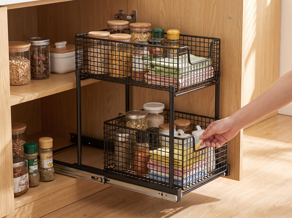 Iron Cabinet Door Storage Basket – Kitchen & Bathroom Organizer shown in natural everyday use at home