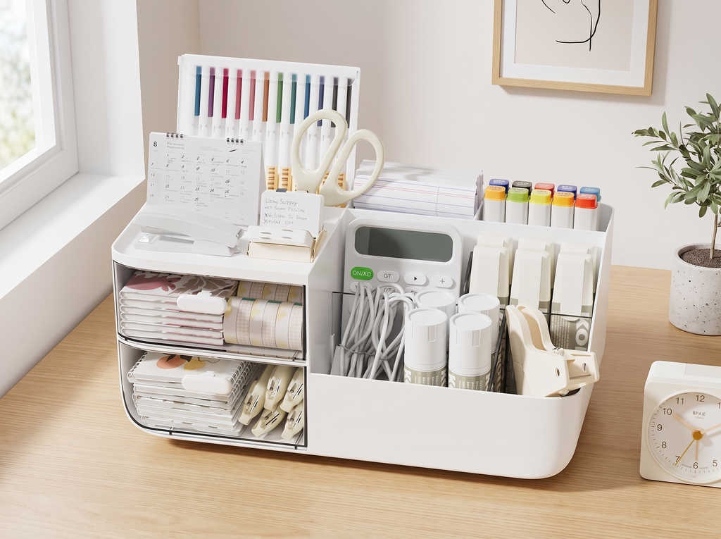 Divided Desktop Organizer Box with Drawers for Home Office & Study in a realistic home setting
