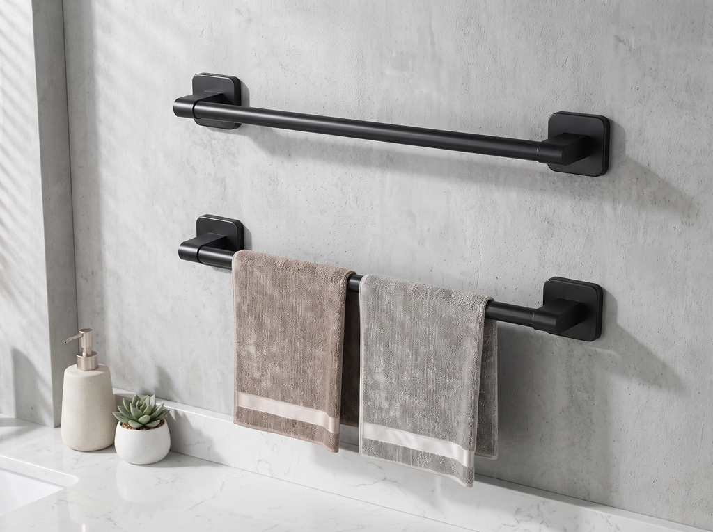 Self-Adhesive Black Aluminum Towel Bar for Bathroom Organization in a realistic home setting