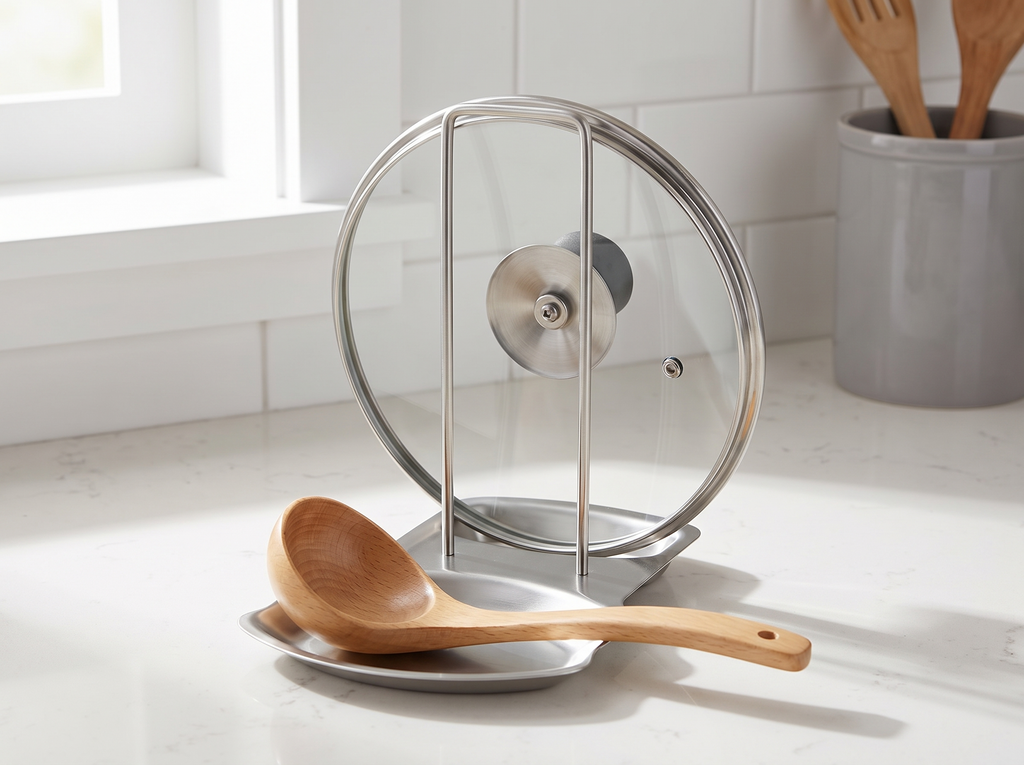 Stainless Steel Pot Lid and Utensil Holder for Kitchen Counter Organization in a realistic home setting