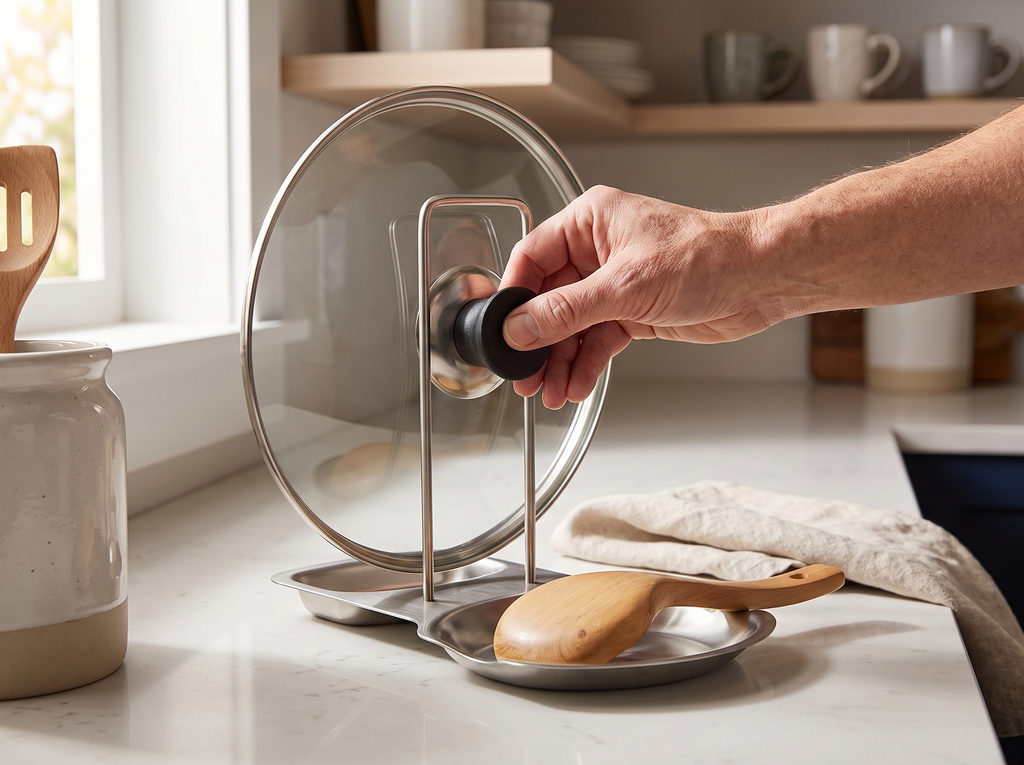 Stainless Steel Pot Lid and Utensil Holder for Kitchen Counter Organization shown in natural everyday use at home