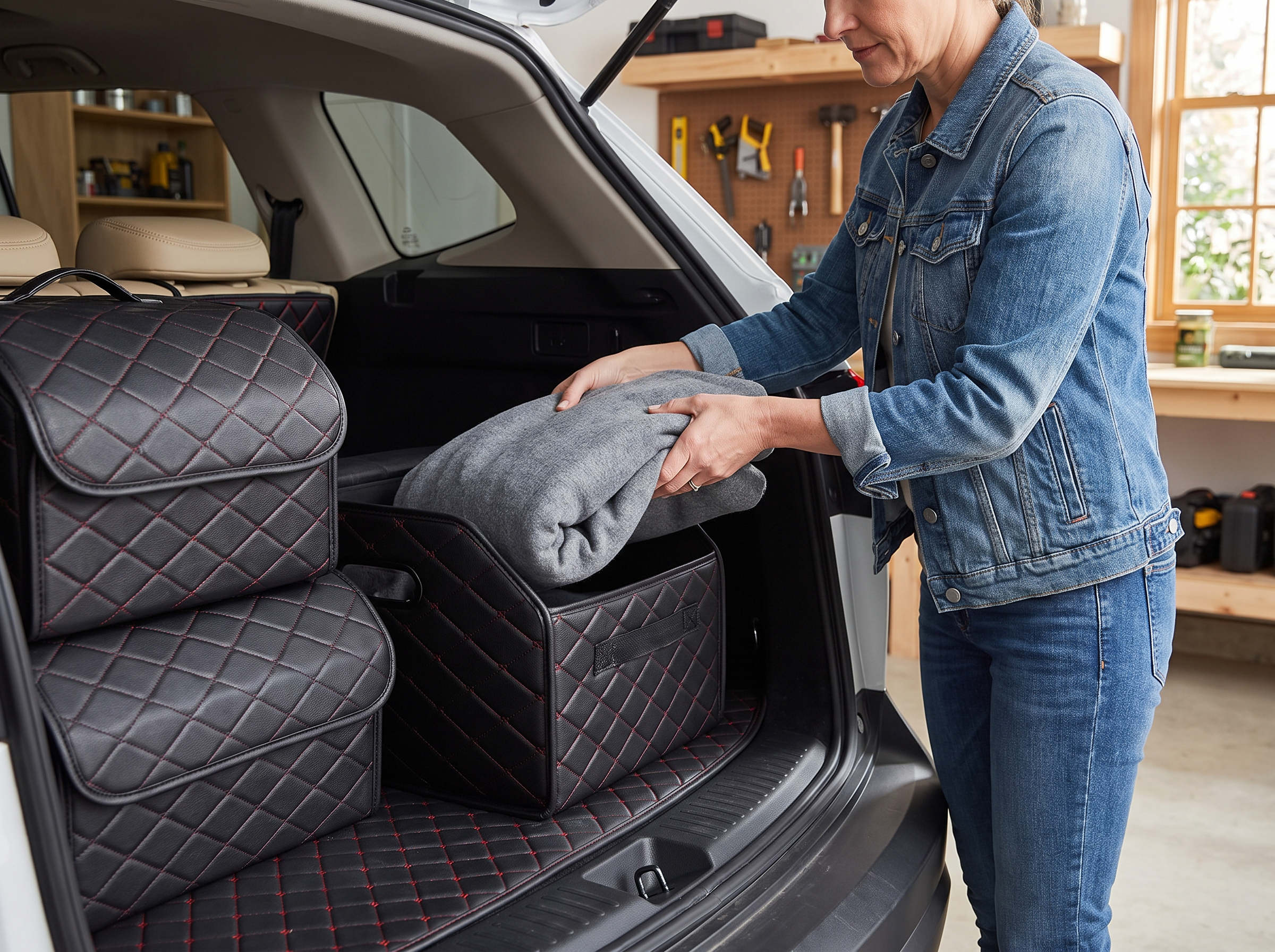 Folding Car Trunk Organizer Box – Quilted PU Leather Storage Bin shown in natural everyday use at home