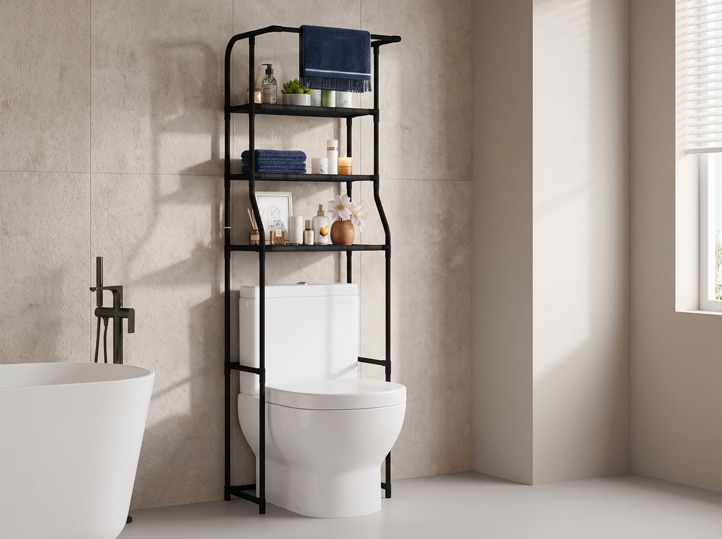 3-Tier Over-Toilet Freestanding Storage Shelf with Towel Bar for Bathroom in a realistic home setting