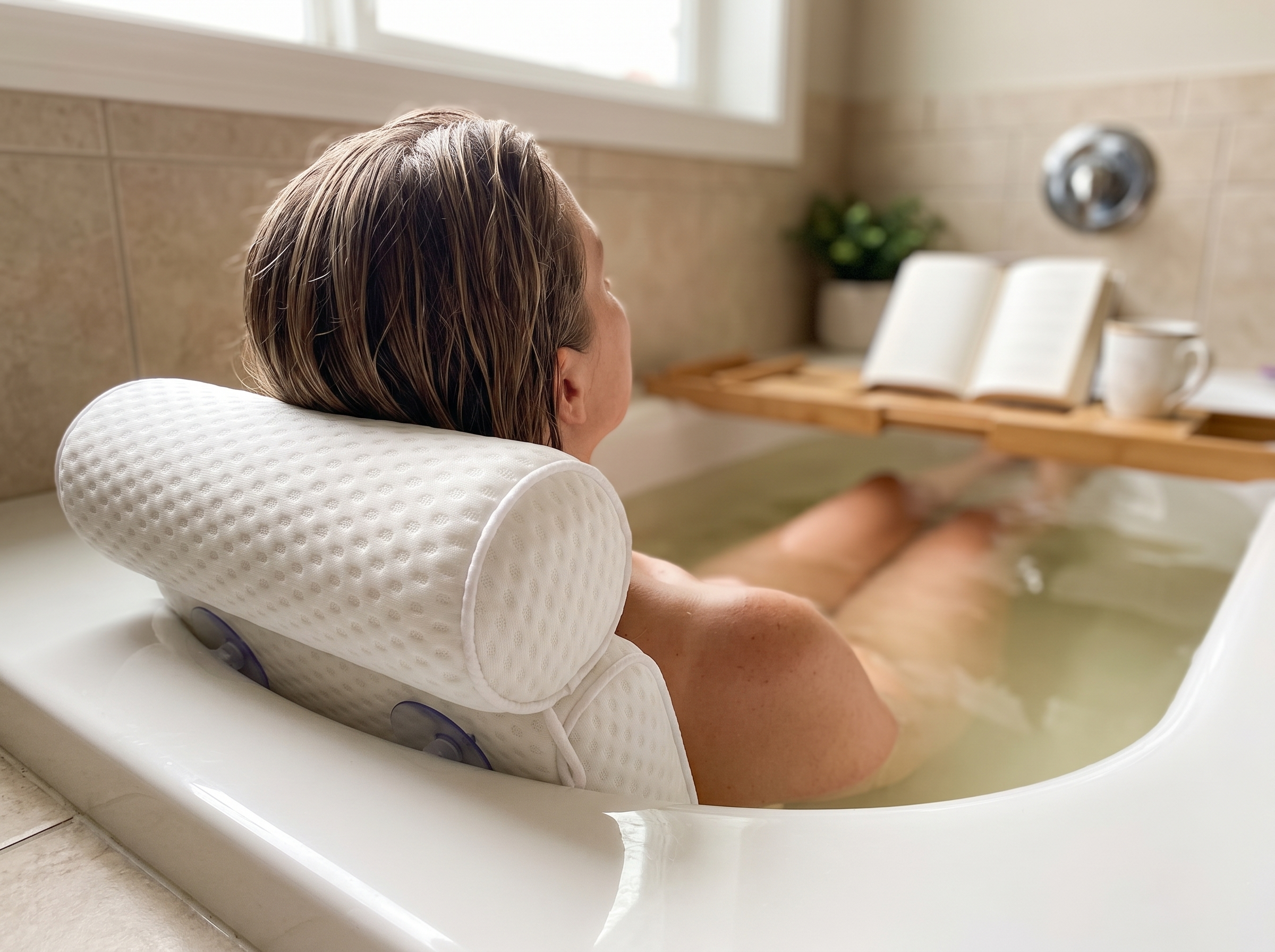 Supportive Air Mesh Bath Pillow for Neck and Back Comfort shown in natural everyday use at home