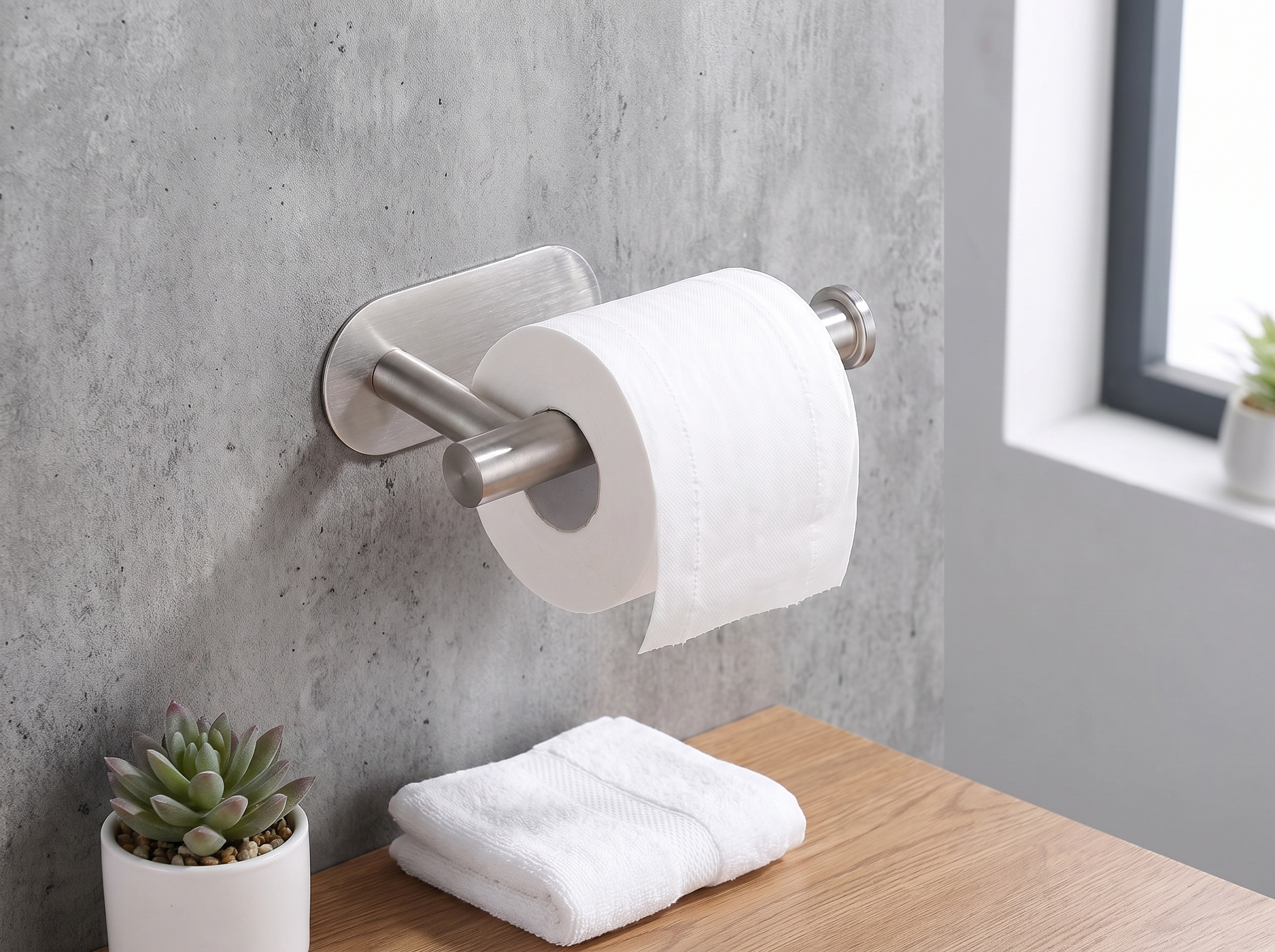 Stainless Steel Adhesive Toilet Paper Holder for Bathroom or Kitchen in a realistic home setting