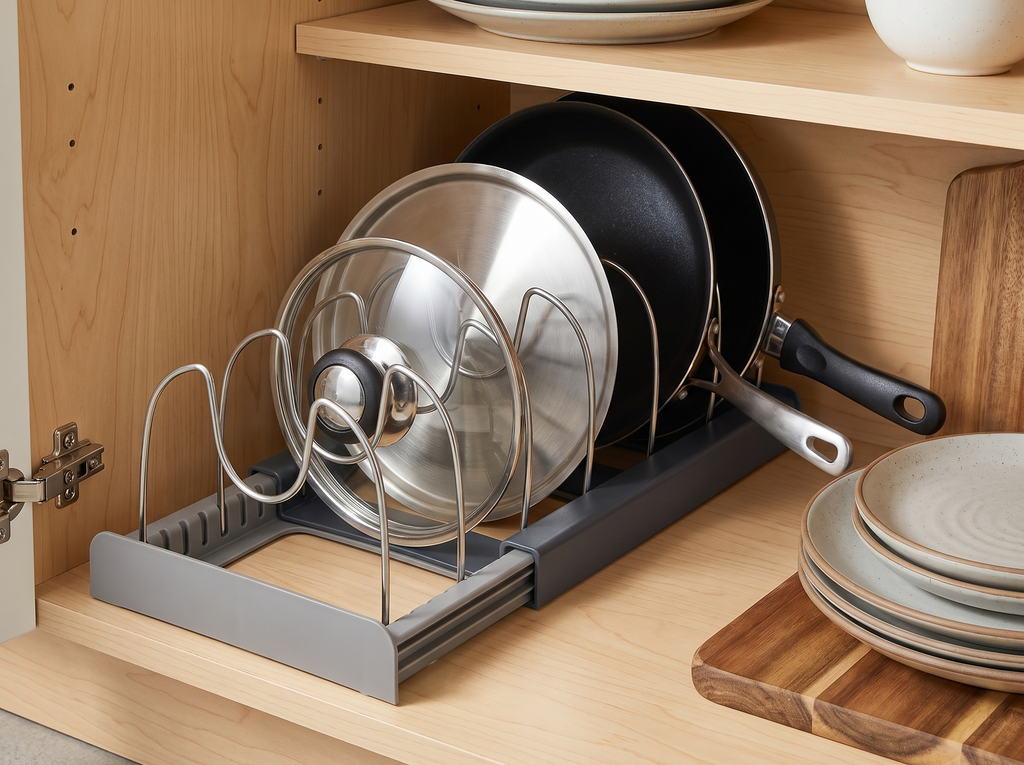 Expandable 7-Slot Pot and Pan Lid Organizer Rack for Cabinets in a realistic home setting