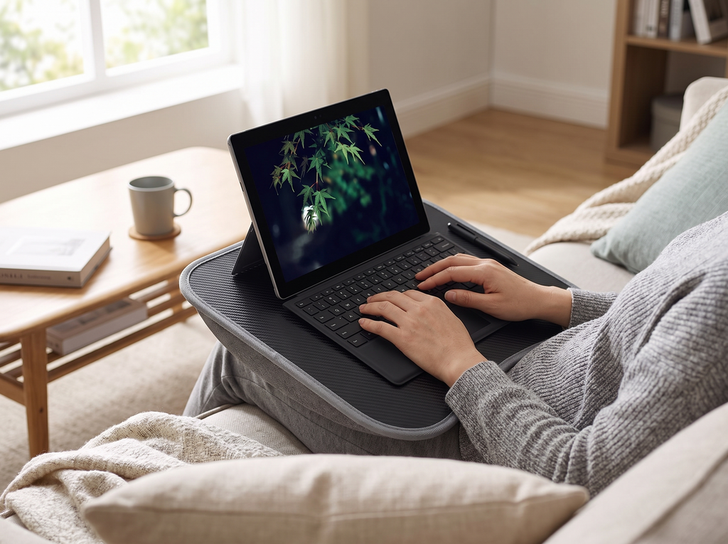 Cushioned Laptop Lap Desk for Bed, Sofa, or Home Office shown in natural everyday use at home