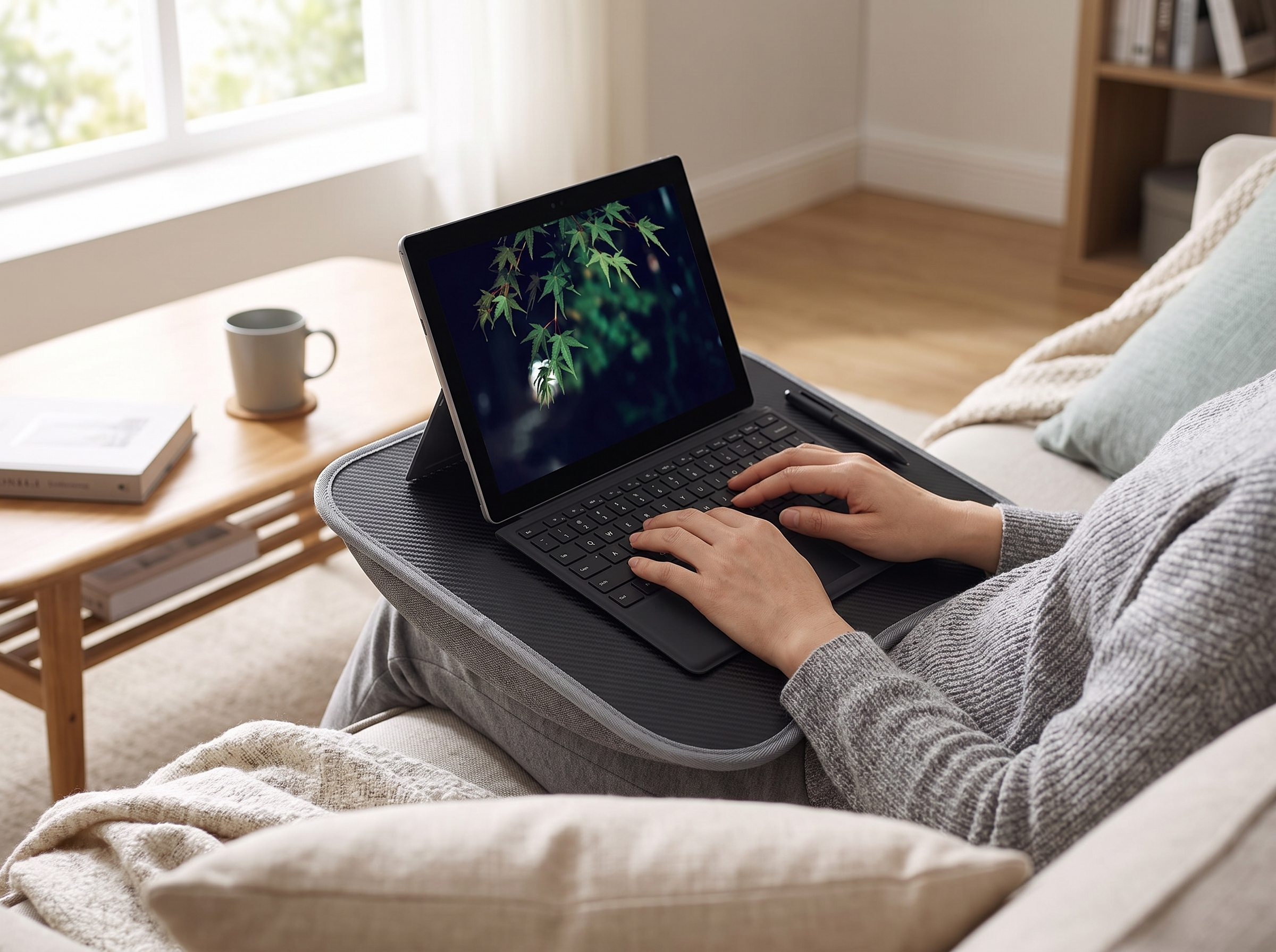 Cushioned Laptop Lap Desk for Bed, Sofa, or Home Office shown in natural everyday use at home