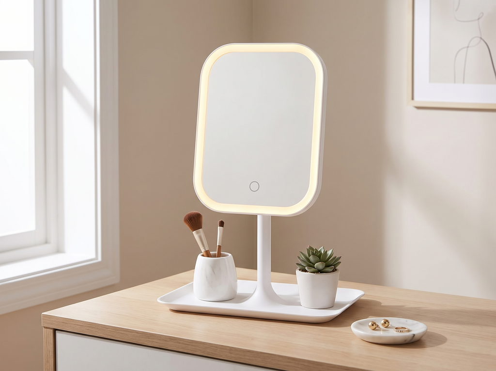 Tri-Color LED Desktop Makeup Mirror with Touch Light for Vanity or Bedroom in a realistic home setting
