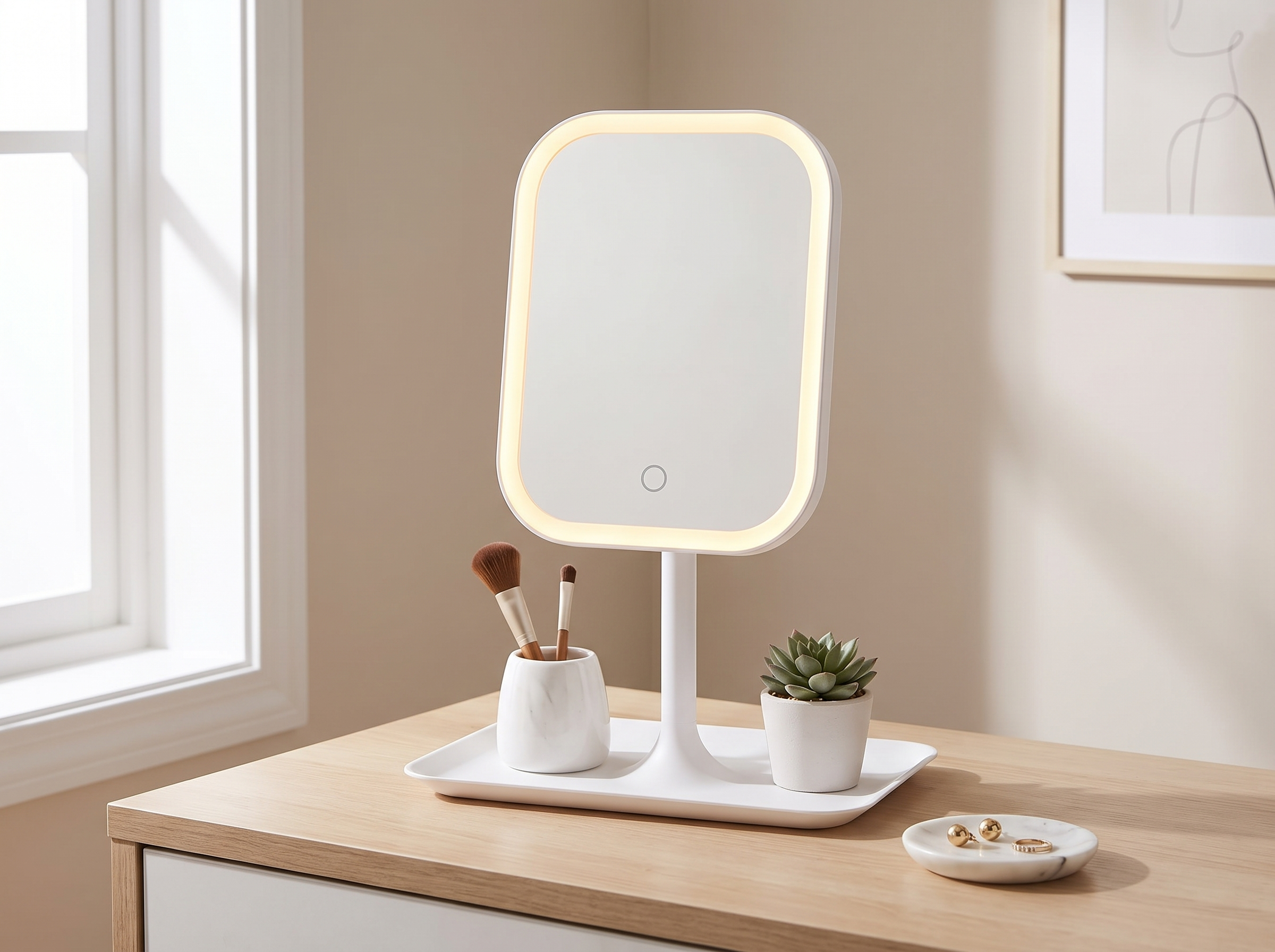 Tri-Color LED Desktop Makeup Mirror with Touch Light for Vanity or Bedroom in a realistic home setting