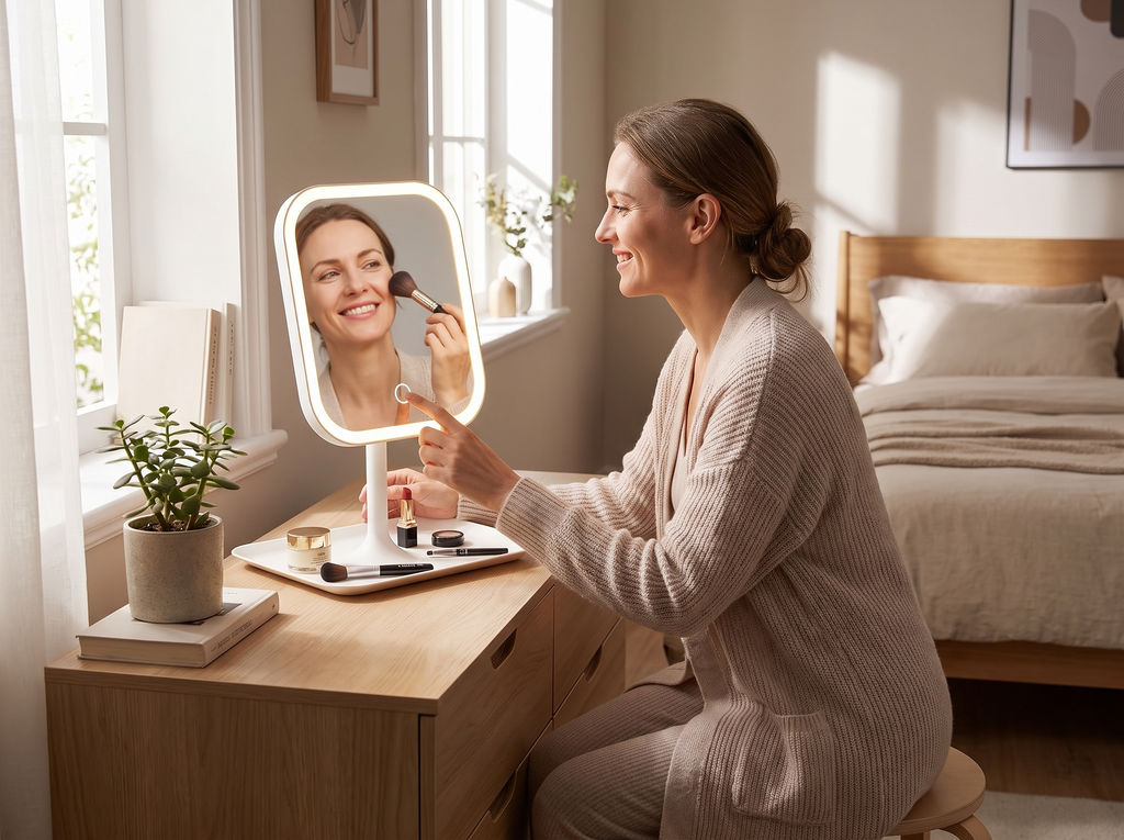 Tri-Color LED Desktop Makeup Mirror with Touch Light for Vanity or Bedroom shown in natural everyday use at home