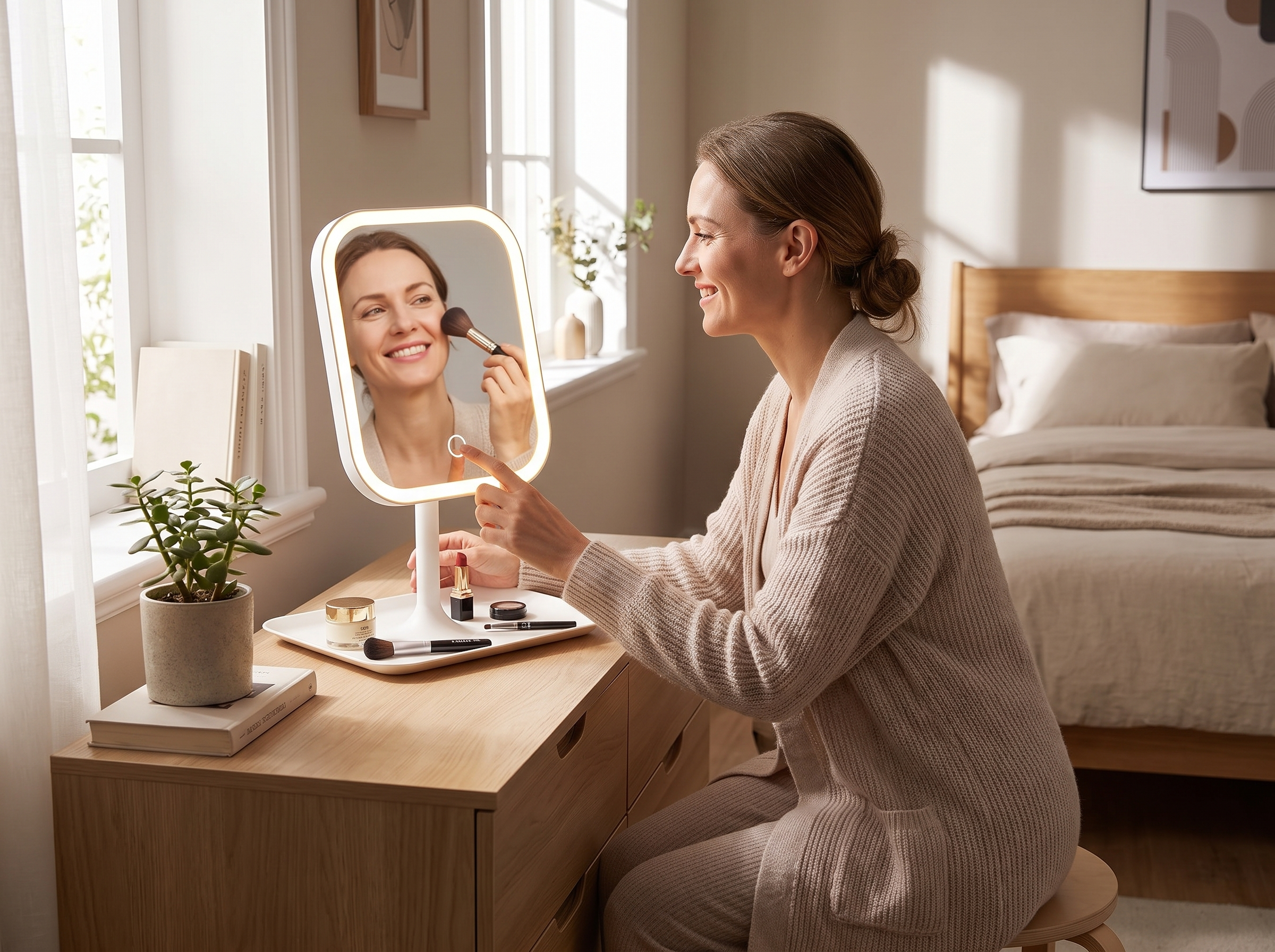 Tri-Color LED Desktop Makeup Mirror with Touch Light for Vanity or Bedroom shown in natural everyday use at home