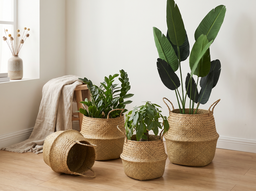 Handwoven Seagrass Plant Basket with Handles for Home Storage & Decor in a realistic home setting