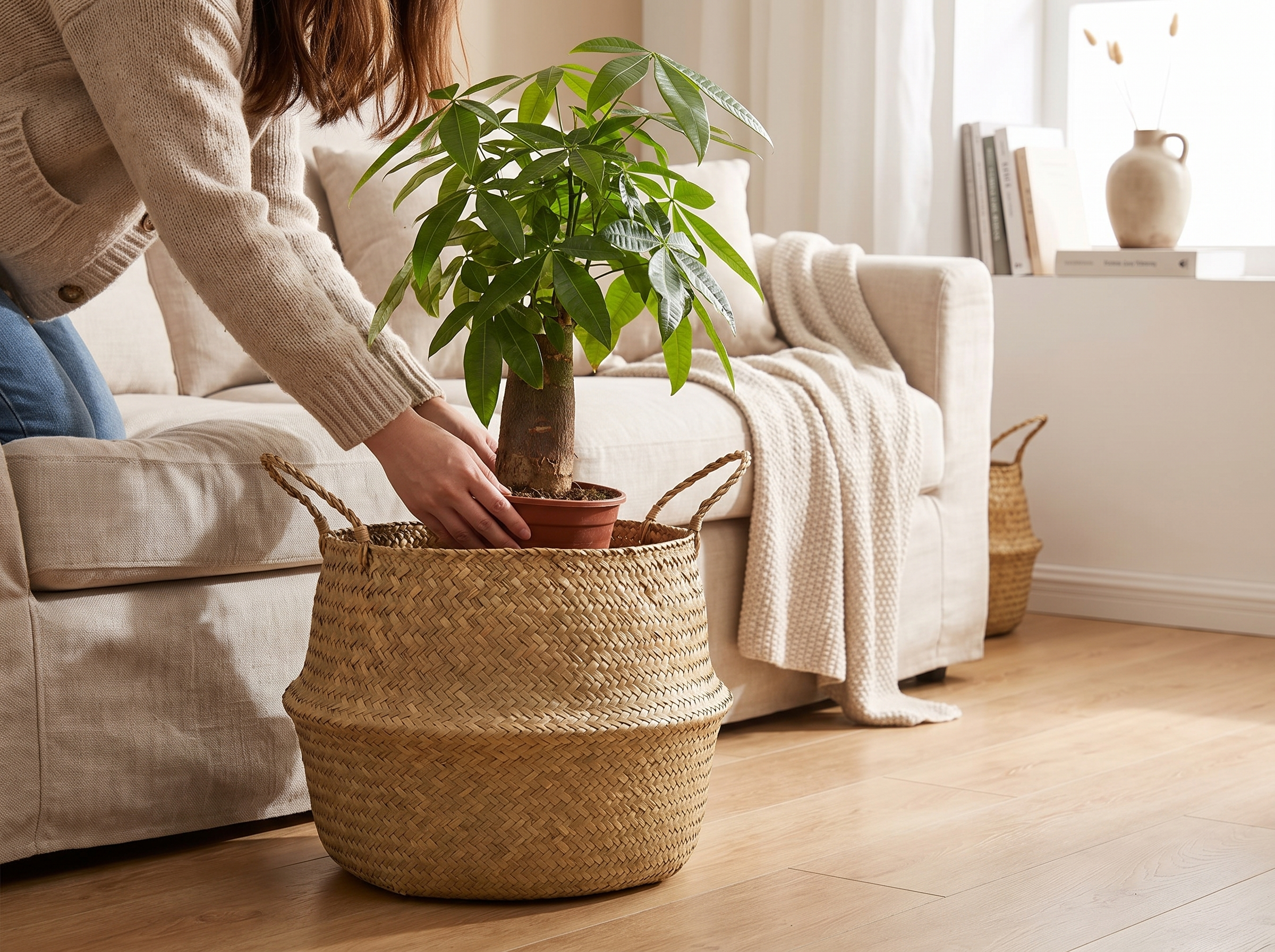 Handwoven Seagrass Plant Basket with Handles for Home Storage & Decor shown in natural everyday use at home
