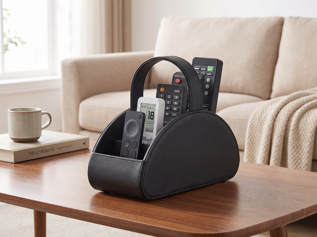Remote Control Organizer Caddy for Living Room & Bedside Tables in a realistic home setting