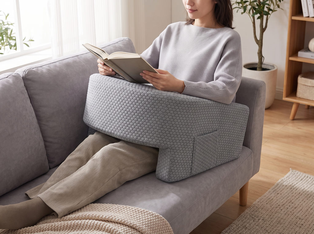 Extra Large Memory Foam Reading Pillow with Arm Rests and Pockets shown in natural everyday use at home