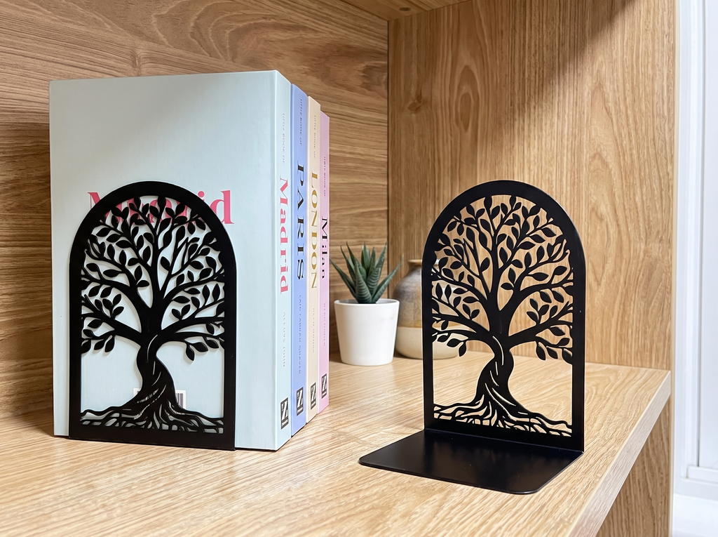 Tree of Life Metal Bookends – Decorative Shelf Organizer for Home or Office in a realistic home setting