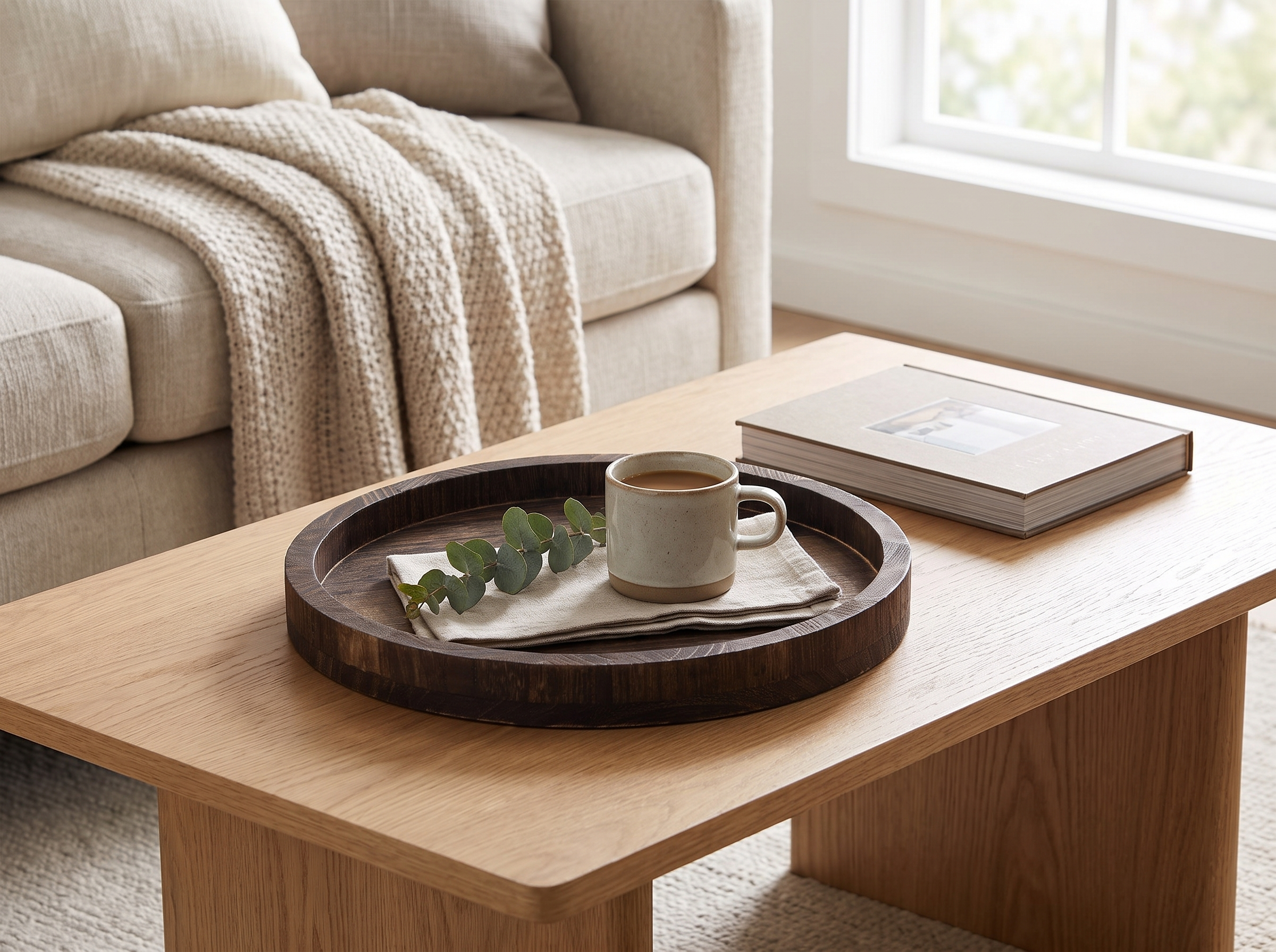 30cm Round Wooden Tray for Coffee Table, Serving, and Decor in a realistic home setting