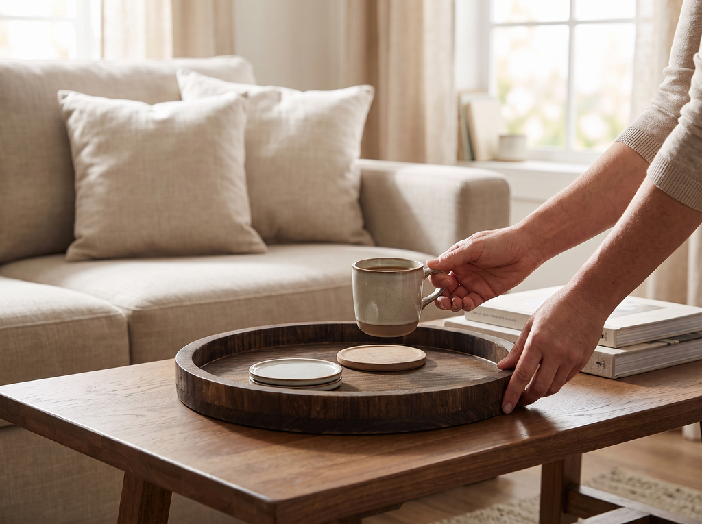 30cm Round Wooden Tray for Coffee Table, Serving, and Decor shown in natural everyday use at home