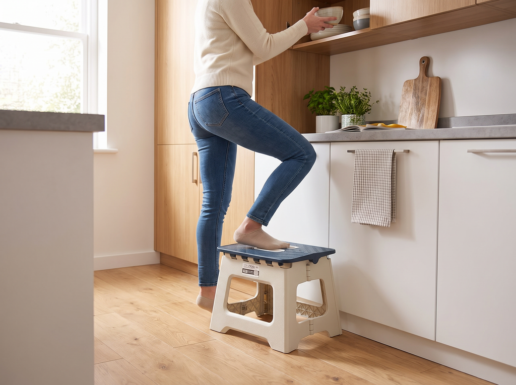 Folding Step Stool with Handle for Kitchen, Bathroom & Outdoor Use shown in natural everyday use at home