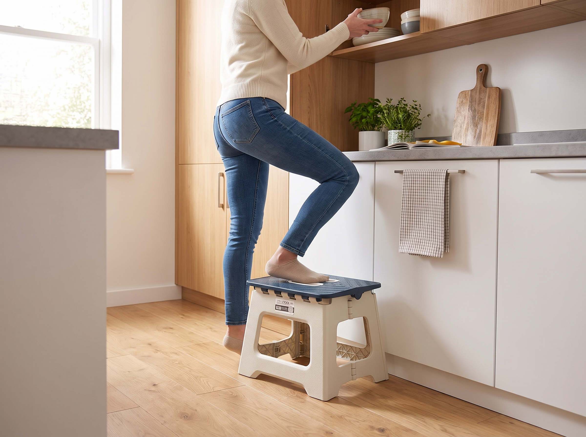 Folding Step Stool with Handle for Kitchen, Bathroom & Outdoor Use shown in natural everyday use at home