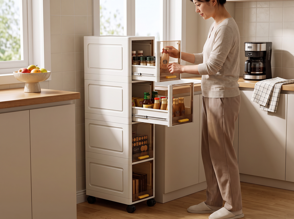 Slim Rolling Storage Cabinet – 3/4/5-Tier Narrow Organizer for Kitchen, Bathroom, or Living Room shown in natural everyday use at home