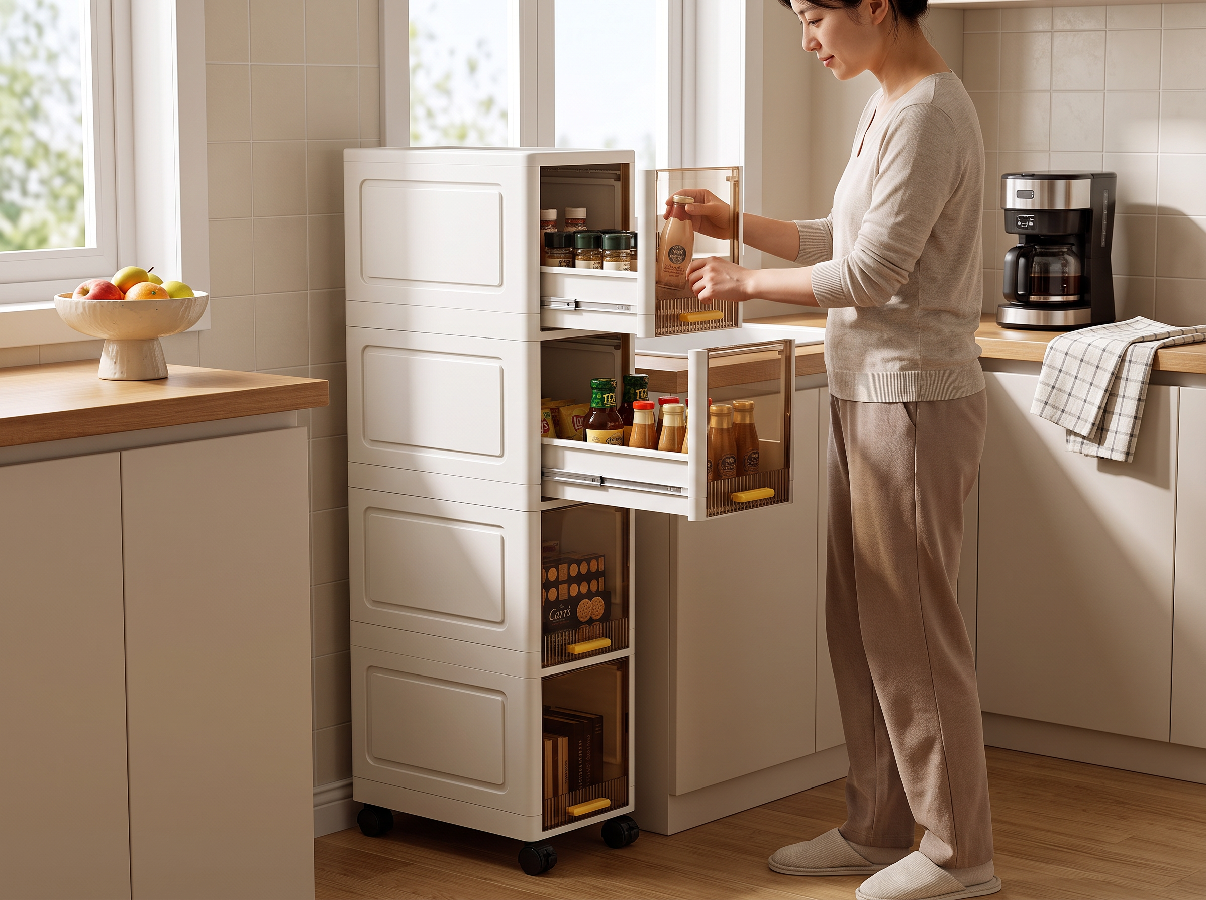 Slim Rolling Storage Cabinet – 3/4/5-Tier Narrow Organizer for Kitchen, Bathroom, or Living Room shown in natural everyday use at home