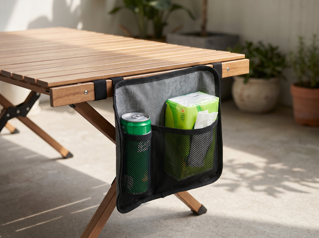 Hanging Table Storage Bag for Outdoor Camping & Utility Carts in a realistic home setting