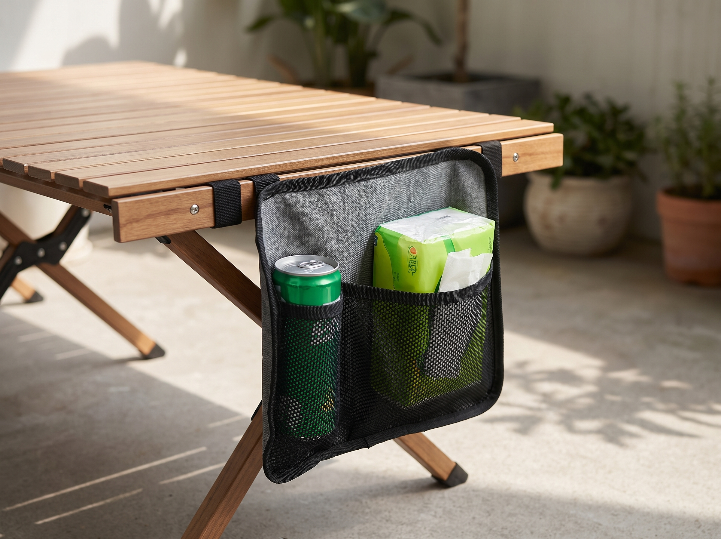 Hanging Table Storage Bag for Outdoor Camping & Utility Carts in a realistic home setting