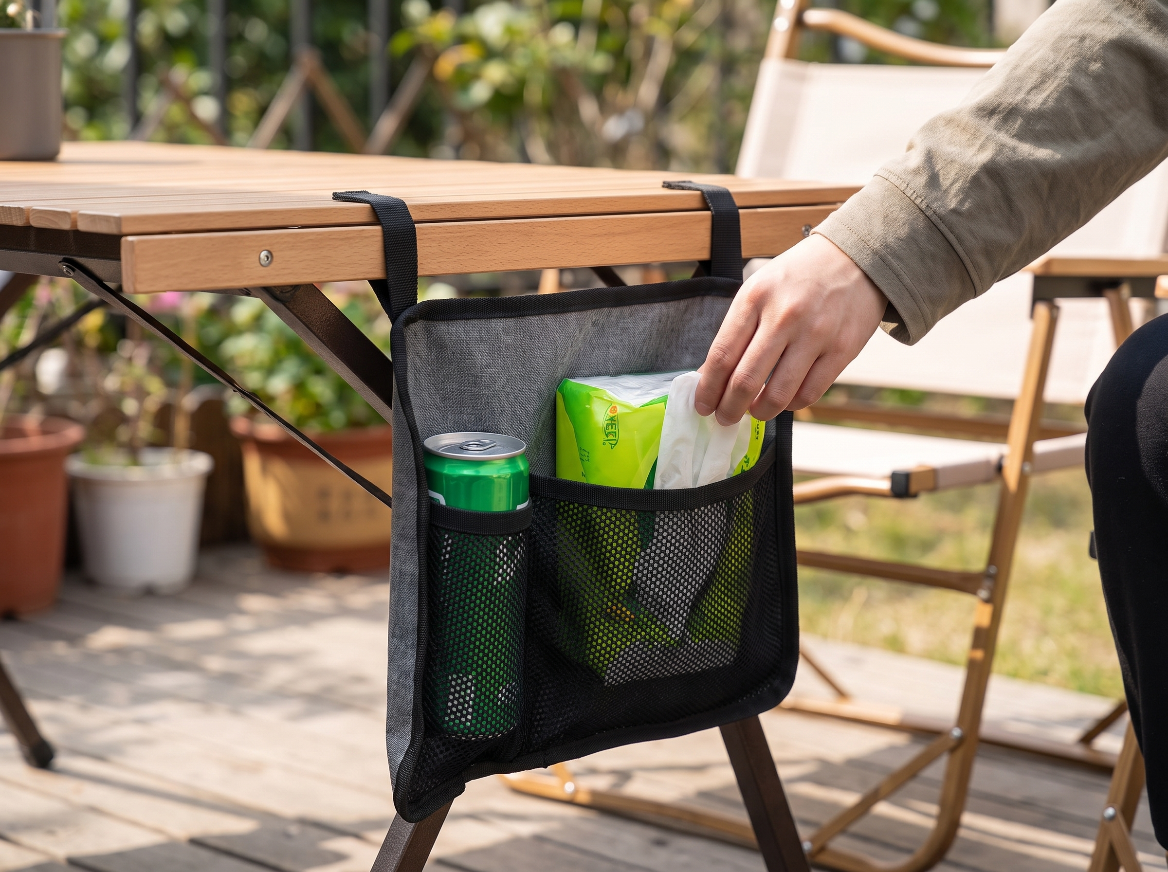 Hanging Table Storage Bag for Outdoor Camping & Utility Carts shown in natural everyday use at home