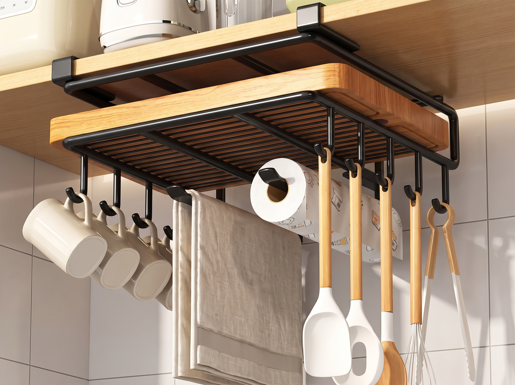 Under Cabinet Hanging Organizer Rack with Hooks for Kitchen Storage in a realistic home setting