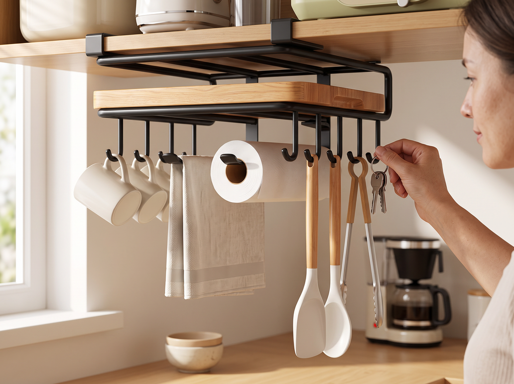 Under Cabinet Hanging Organizer Rack with Hooks for Kitchen Storage shown in natural everyday use at home