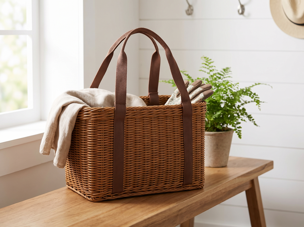 Handwoven Rattan Storage Basket Tote, Chocolate Brown in a realistic home setting