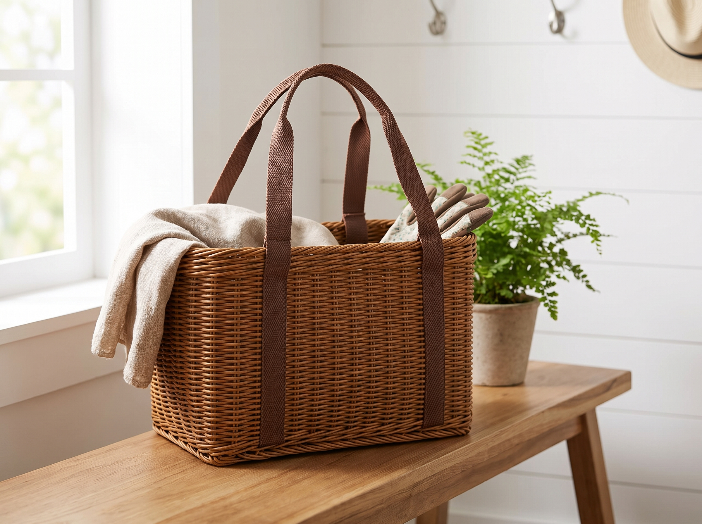 Handwoven Rattan Storage Basket Tote, Chocolate Brown in a realistic home setting