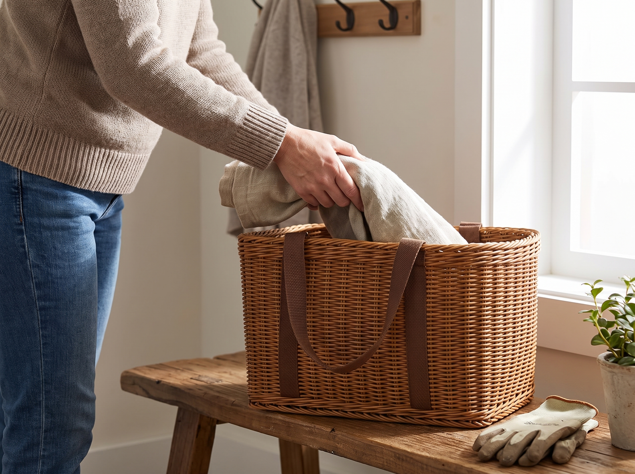 Handwoven Rattan Storage Basket Tote, Chocolate Brown shown in natural everyday use at home