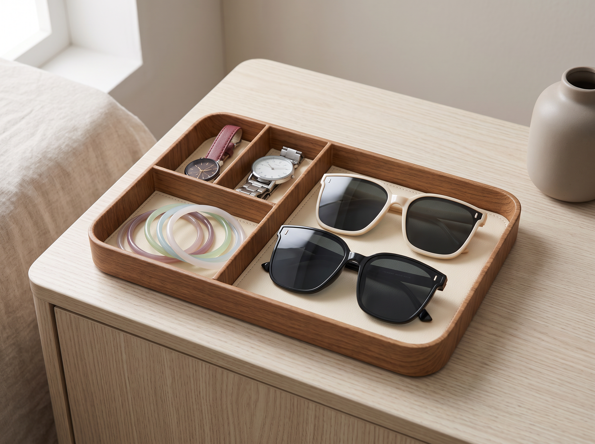 Wood Compartment Catchall Tray for Nightstand or Entryway in a realistic home setting