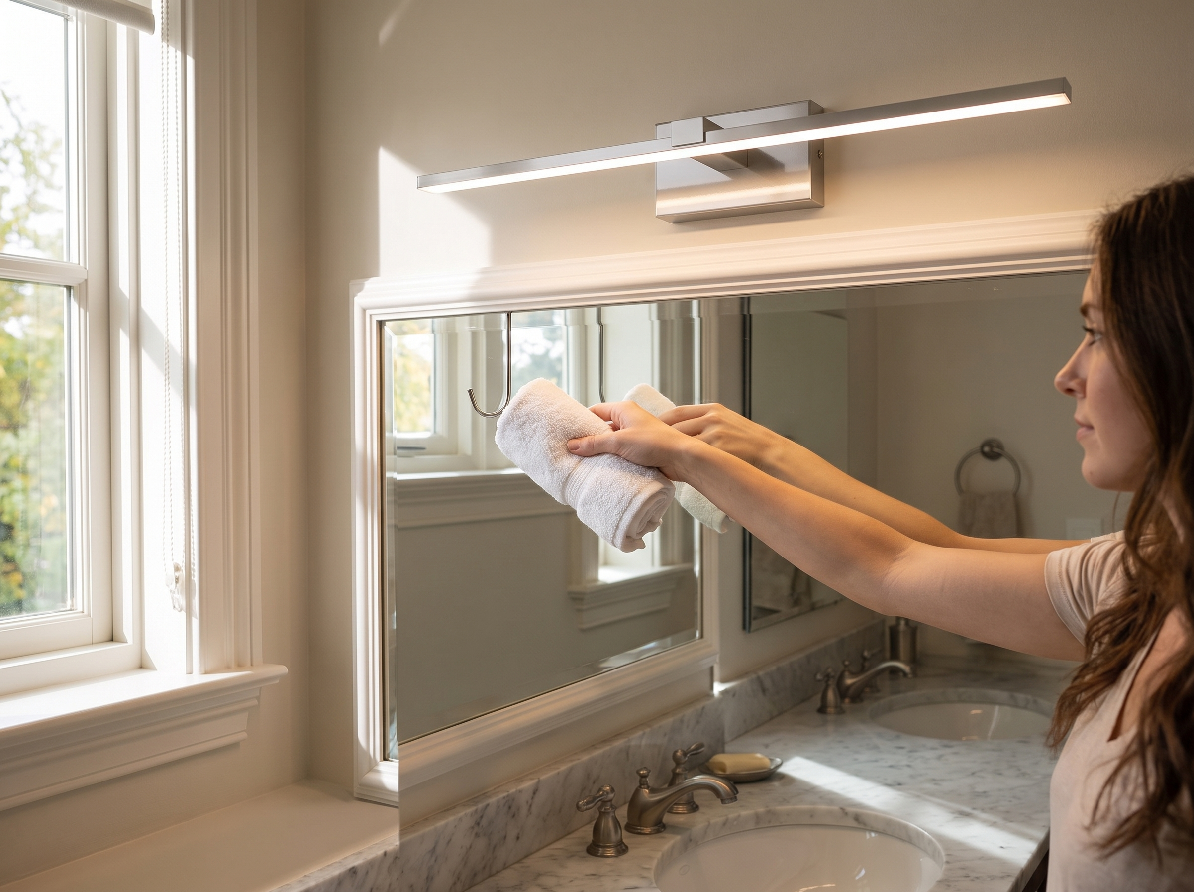 Modern LED Vanity Wall Light for Bathroom or Bedroom Mirror shown in natural everyday use at home