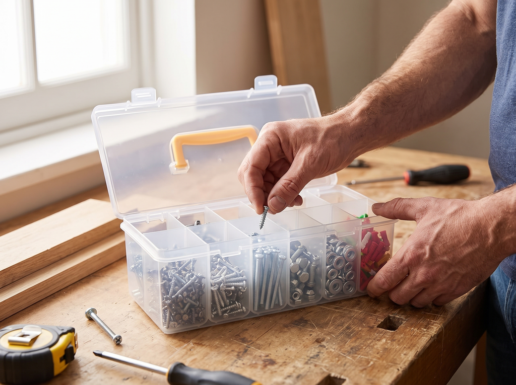 7-Compartment Portable Hardware Organizer Box shown in natural everyday use at home
